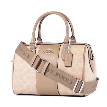 COACH 配色緹花LOGO防刮手提斜背二用寬背帶波士頓包-灰褐