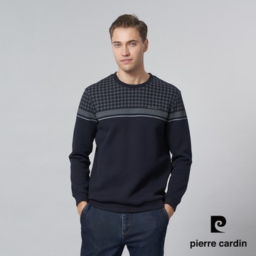 pierre cardin 皮爾卡登 男款 圓領定位橫條長袖上衣-深藍色(5245211-38)