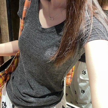 莫代爾棉 舒適 吸汗 輕薄  短袖 女生 上衣 顯瘦 莫代爾短袖圓領高檔深灰色T恤女修身百搭夏季潮流簡約設計