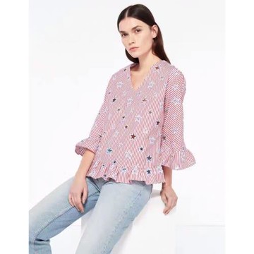 葡萄miki 他家很貴 法國單甜美勾花鏤空刺繡荷葉邊條紋套頭上衣