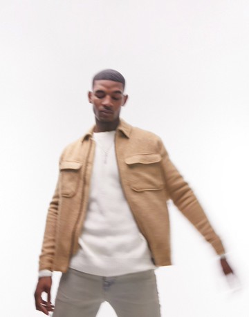 Topman brushed shacket in camel wool blend-Neutral