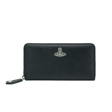 Vivienne Westwood 星球銀logo荔枝皮面拉鍊長夾(黑)