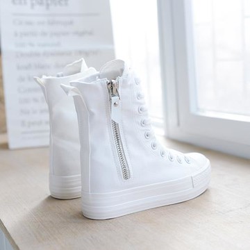 2020春季新款韓版高幫厚底內增高休閑顯瘦帆布鞋長筒靴子百搭拉鏈