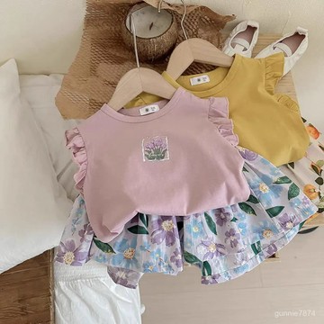 【閉眼入係列】兒童套裝夏季新品女童飛袖短袖洋氣女寶寶碎花短褲兩件套女孩兩件套T恤 女童休閒套裝 韓版套裝