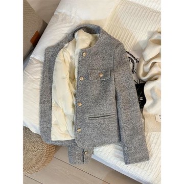 灰色知性冷淡風小香風短外套女2025冬季新款羽絨內膽加厚保暖上衣