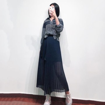 【血虧出清】時尚春夏歐美風百褶透視長裙飄逸系帶顯瘦半裙