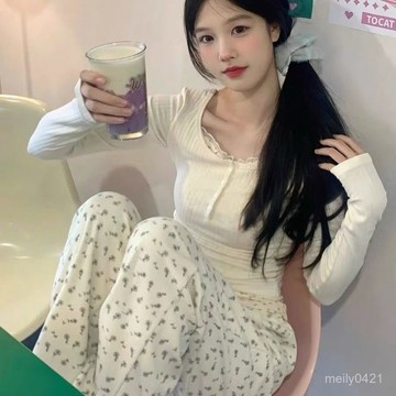 爆款甜係蕾絲假兩件拚接碎花長袖小個子高腰寬鬆碎花闊腿褲兩件套