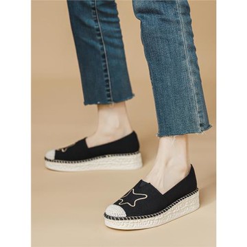 厚底單鞋女中跟懶人一腳蹬樂福鞋2026新款秋季休閑坡跟增高帆布鞋