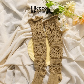BYHUE lilicoco  日系優雅感純色蕾絲鏤空木耳邊堆堆襪－米