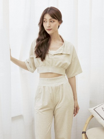 翻領棉質短版短袖上衣