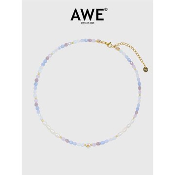 AWE淡色系星空彩色串珠小雛菊珍珠項鏈女彩虹糖豆水晶串珠鎖骨鏈