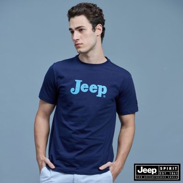 JEEP 男裝 經典率性品牌LOGO印花純棉短袖T恤-深藍色