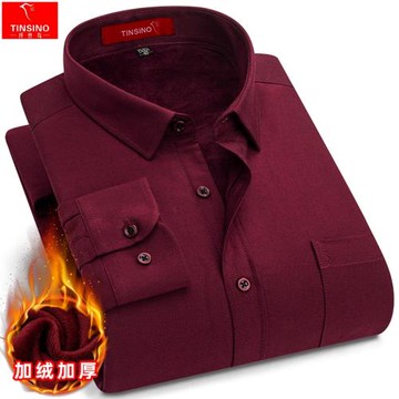 纖絲鳥酒紅色保暖襯衫男士中年休閑爸爸裝加絨加厚本命年純棉襯衣
