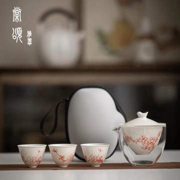 棠頌丨日式旅行茶具玻璃套裝快客杯一壺三杯便攜式蓋碗泡茶器高檔