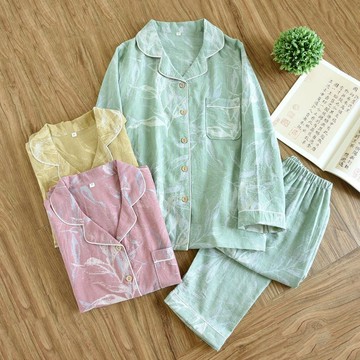 100%純棉女睡衣春秋女士色織紗布睡衣套裝全棉雙層紗提花復古長袖長褲家居服