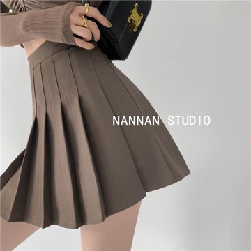 美式學院風咖啡色辣妹百褶裙女春秋顯瘦高腰短裙復古性感半身裙潮