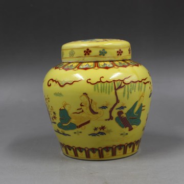 大明成華年制黃地五彩人物天子罐薄胎仿古家居裝飾瓷器古董古玩1入