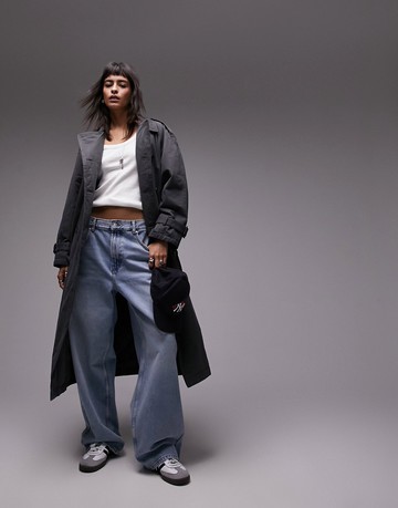 Topshop reversible long-line padded trench coat in charcoal-Grey