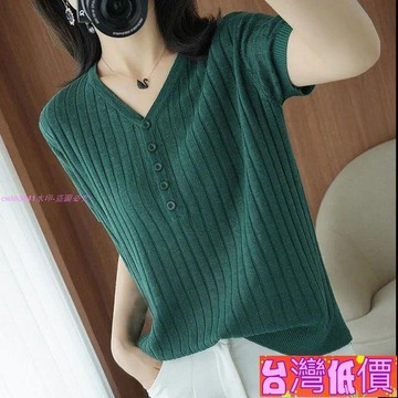 悅裳💎台灣免運💎新款夏季冰絲短袖t恤女針織衫寬鬆顯瘦v領針織衫短袖薄款上衣上衣大尺碼t恤短袖t恤女女生上衣衣服短袖上
