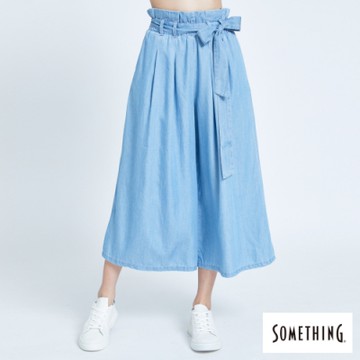 SOMETHING 女裝 束袋型鬆緊帶闊腿褲-漂淺藍