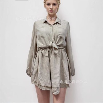 2025夏季歐美女裝亞馬遜跨境長袖上衣荷葉邊短褲休閑時尚套裝女