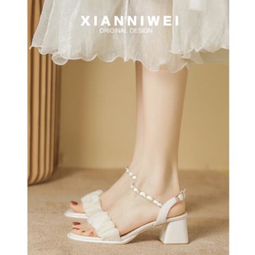 涼鞋女2025年新款夏季中跟高級感時裝法式仙女配裙子一字帶高跟鞋