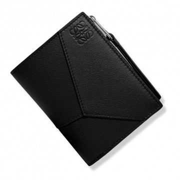 LOEWE 羅威 Puzzle 薄款 對開拉鍊 短夾/錢包 (黑色 x 銀鍊)