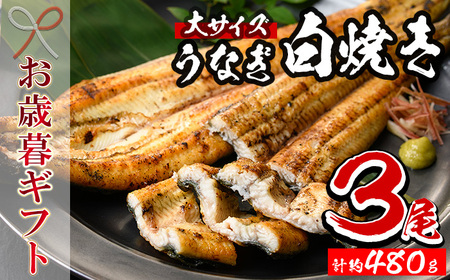 厳選！鹿児島県産うなぎ白焼き大３尾 約480g