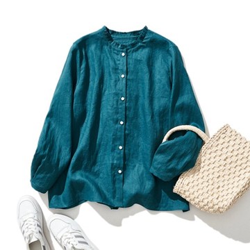 低調甜美 氣質襯衫 100%亞麻 亞麻襯衫 孔雀藍 210804-5