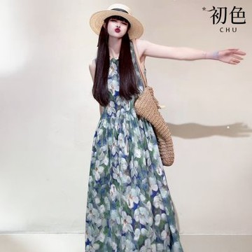 初色 度假風圓領拼接油畫印花口袋無袖A字大擺傘裙連衣裙連身洋-花色-50480(M-2XL可選)
