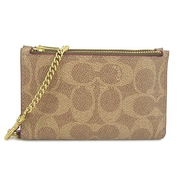 COACH - 滿版LOGO皮革卡夾零錢手拿鍊包 (卡其老花)