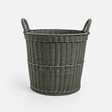 奧可利霧紋手工編織提把置物籃 圓形深綠