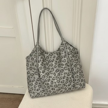 日常通勤大容量帆布單肩包 豹紋灰