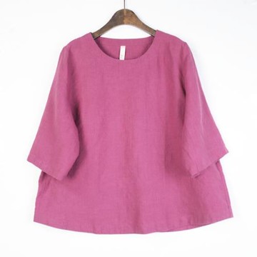 河泥原創設計2025年100%漢麻圓領七分袖日常通勤休閑款上衣