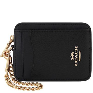 COACH 黑色荔枝紋皮革金屬鏈帶證件卡夾/零錢包