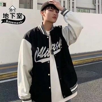 棒球外套 美式復古草寫字街頭學院風拼接夾克(2色)【NL681120】