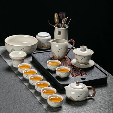 米黃汝窯功夫茶具套裝家用輕奢茶壺蓋碗泡茶辦公陶瓷茶杯茶盤整套