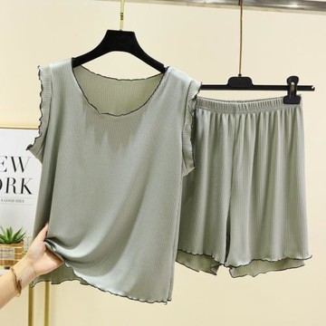 莫代爾背心短褲睡衣女士套裝木耳邊家居服寬松薄款夏季涼爽兩件套