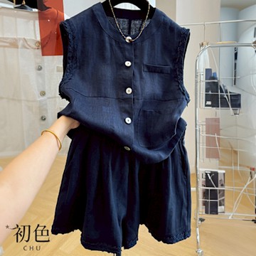 初色 亞麻寬鬆單排釦大口袋圓領背心女背心+純色休閒褲寬褲短褲套裝-共2色-36526(M-2XL可選)