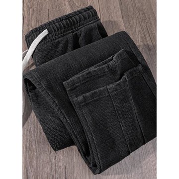 小眾設計感！重磅打褶黑色牛仔褲男女春夏季寬松直筒闊腿休閑長褲