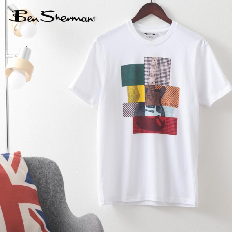 Ben Sherman メンズ Tシャツ ギタープリント コラージュ ホワイト