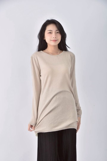 (M) 長版杏色長袖上衣