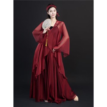 旦小怡古典舞演出表演服大擺裙上衣紗現代舞網紅款酒紅色飄逸練功