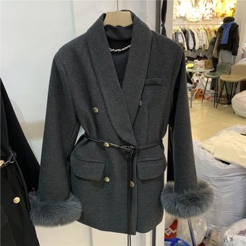 狐貍毛袖口毛呢西裝外套女2024冬季新款配腰帶收腰白鴨絨西服上衣