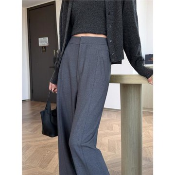 (免運)天絲醋酸灰色西裝褲女2026春季新款高級垂感直筒褲高腰休閑闊腿褲