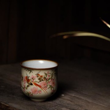 獨清 汝窯花鳥主人杯 陶瓷復古手繪女單杯國風品茗杯開片可養金絲