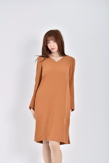 (S) beigeV領珍珠袖釦黃色洋裝