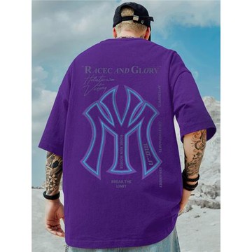 美式重磅男士純棉潮牌寬松復古紫色潮流圓領加肥加大短袖t恤夏季