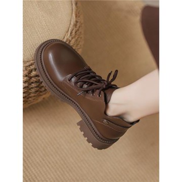 真皮厚底馬丁靴女2024新款春秋冬季單靴加絨英倫風小個子系帶短靴