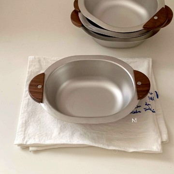 【N.SPACE】韓版不銹鋼雙耳碗盤 304不鏽鋼 木頭把手 耐用 輕巧 大容量 不銹鋼盤 餐廳用 碗盤
